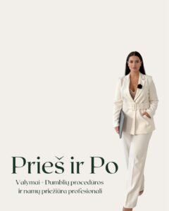 Moteris su šviesiu kostiumu reklamoje „Prieš ir Po“